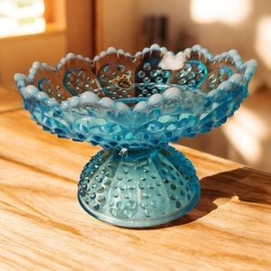 Fenton Aquamarine Blue Opalescent Hobnail Footed Candle Bowl VTG 1940'S